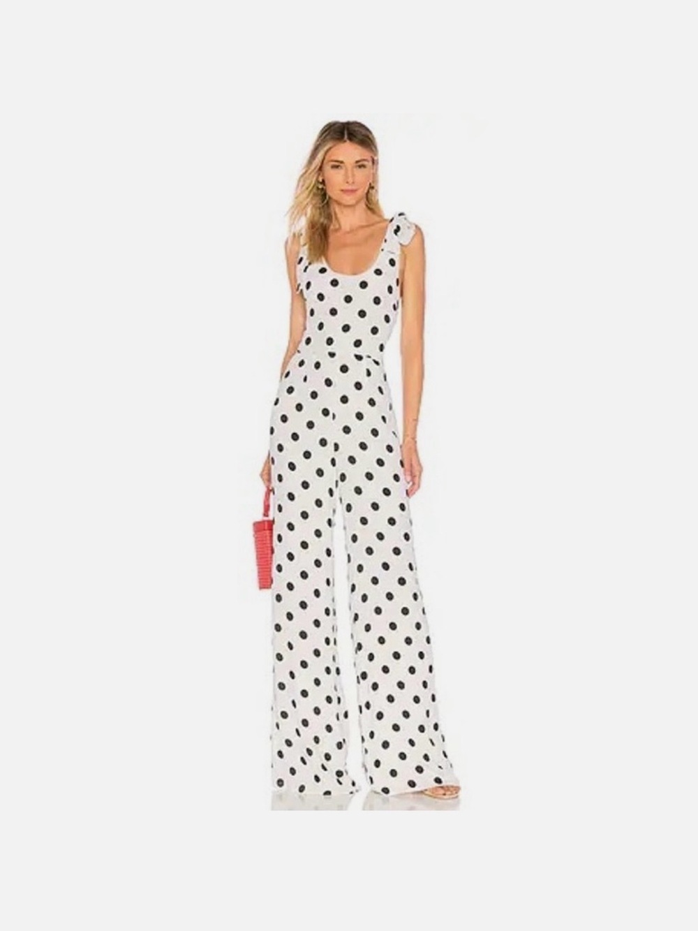 Lovers + Friends Janice Jumpsuit White Black Polkadot Shoulder Tie  SMALL